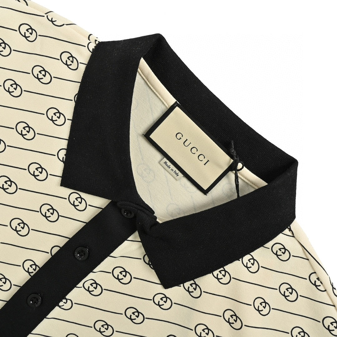 Gucci Beige And Patterned Polo Shirt - Black Unisex Streetwear Limited Edition - This Gucci Beige and Black Patterned Polo Shirt is a sophisticated blend of casual and