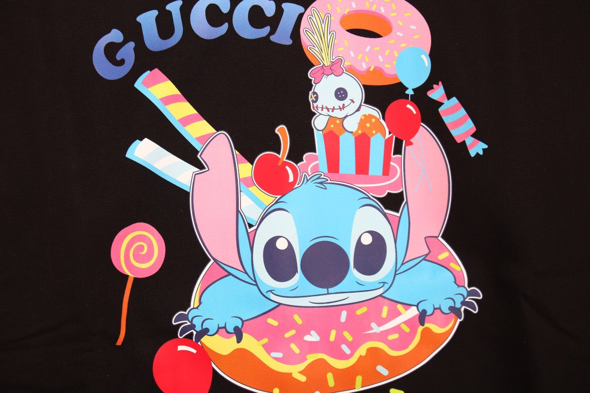 Gucci Stitch Donut Sweatshirt - Black Unisex Streetwear Limited Edition - This Gucci sweatshirt in black features a colorful and fun graphic of Stitch enjoying donuts