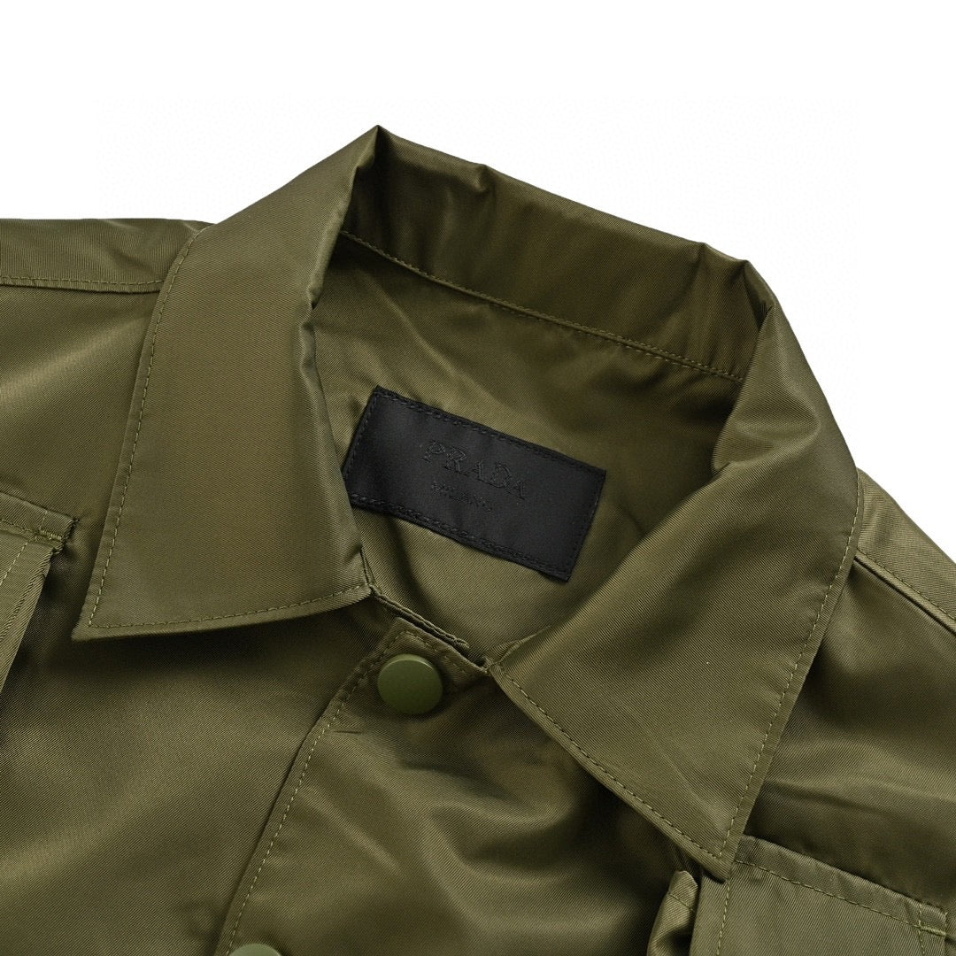 Prada Military Style Jacket - Red Unisex Streetwear Limited Edition - This Prada jacket features a military-inspired design in olive green. It has multiple utility pockets