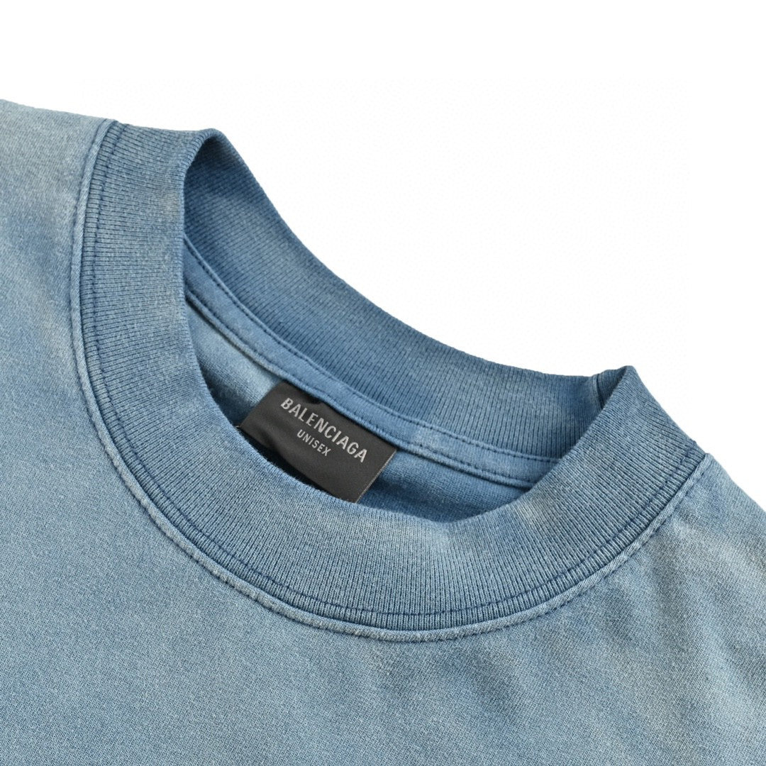 Balenciaga T-shirt - White Unisex Streetwear Limited Edition - This Balenciaga t-shirt features a unique blue wash design. The front is adorned with a