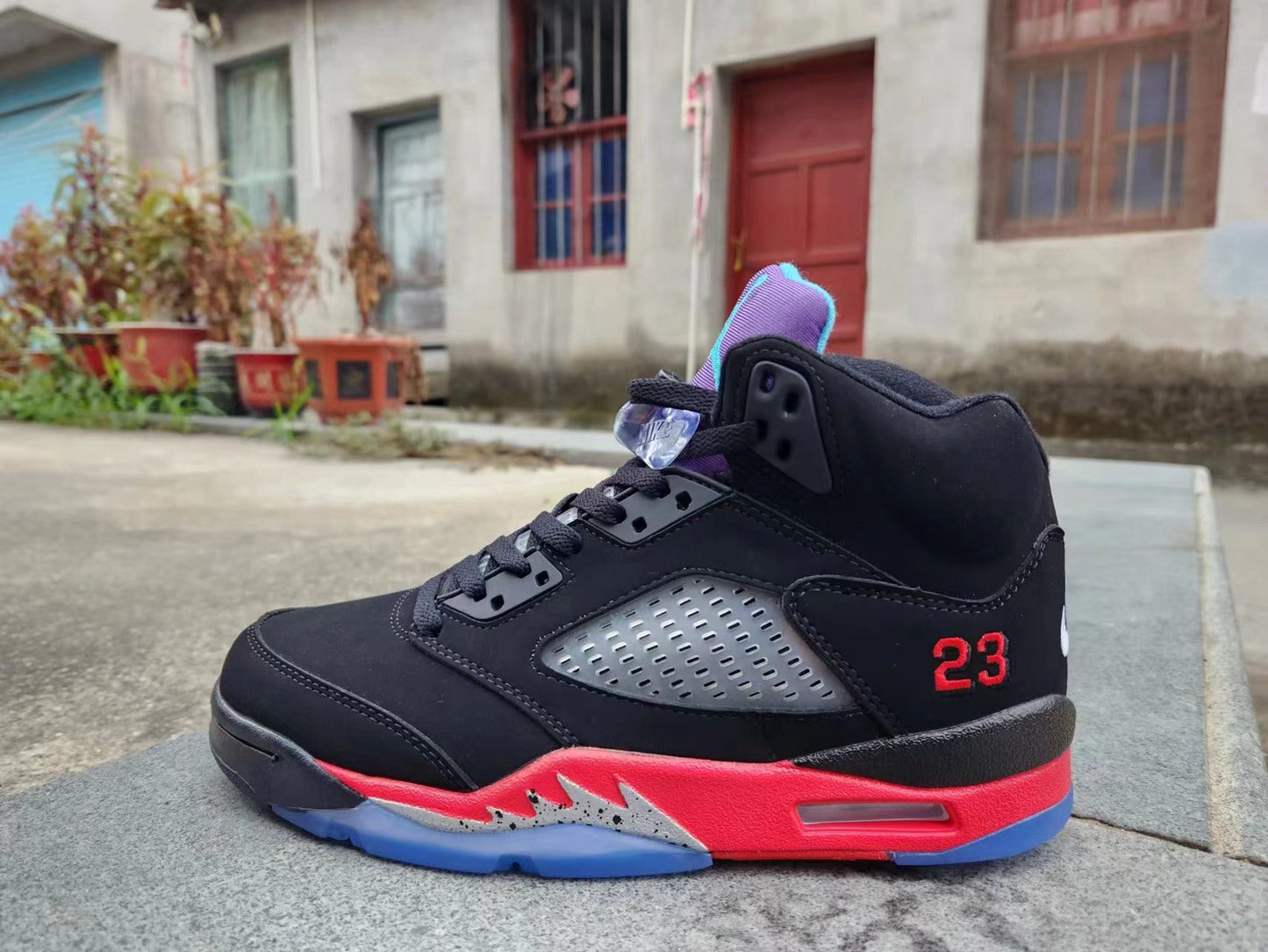 Jordan 5 Black, Red And Purple Unisex Streetwear Limited Edition - Step up your sneaker game with the Air Jordan 5 in a striking black, red,