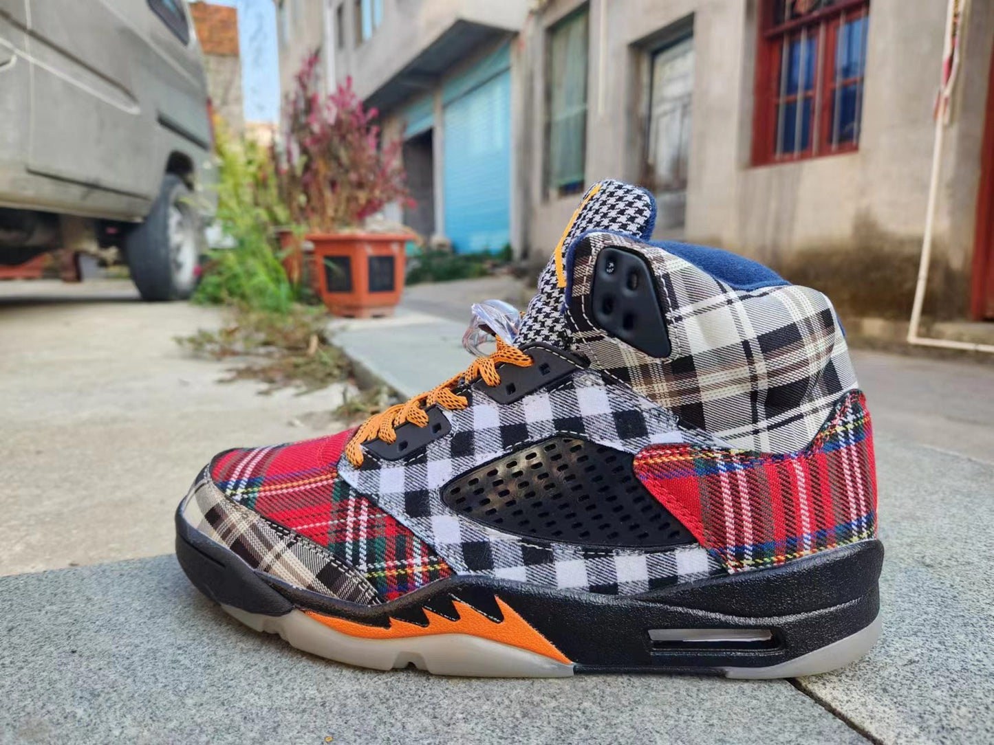 Jordan 5 Bold Plaid Multi-colorway Sneakers - Black Unisex Streetwear Limited Edition - Step out in style with the Air Jordan 5 in a bold plaid multi-colorway, a