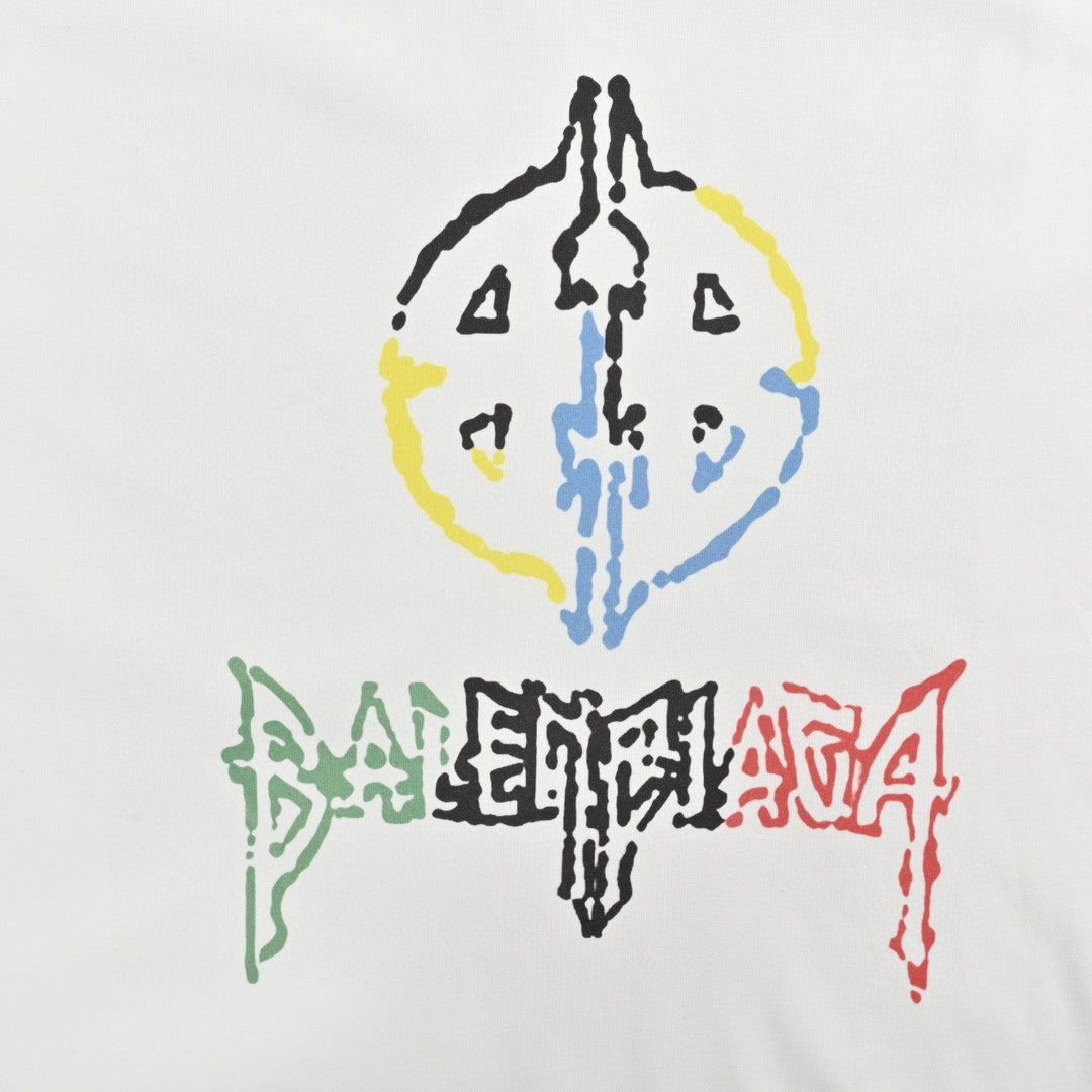 Balenciaga Multicolor Graphic Logo T-shirt - White Unisex Streetwear Limited Edition - This Balenciaga t-shirt features a unique multicolor graphic logo on the front, combining vibrant colors