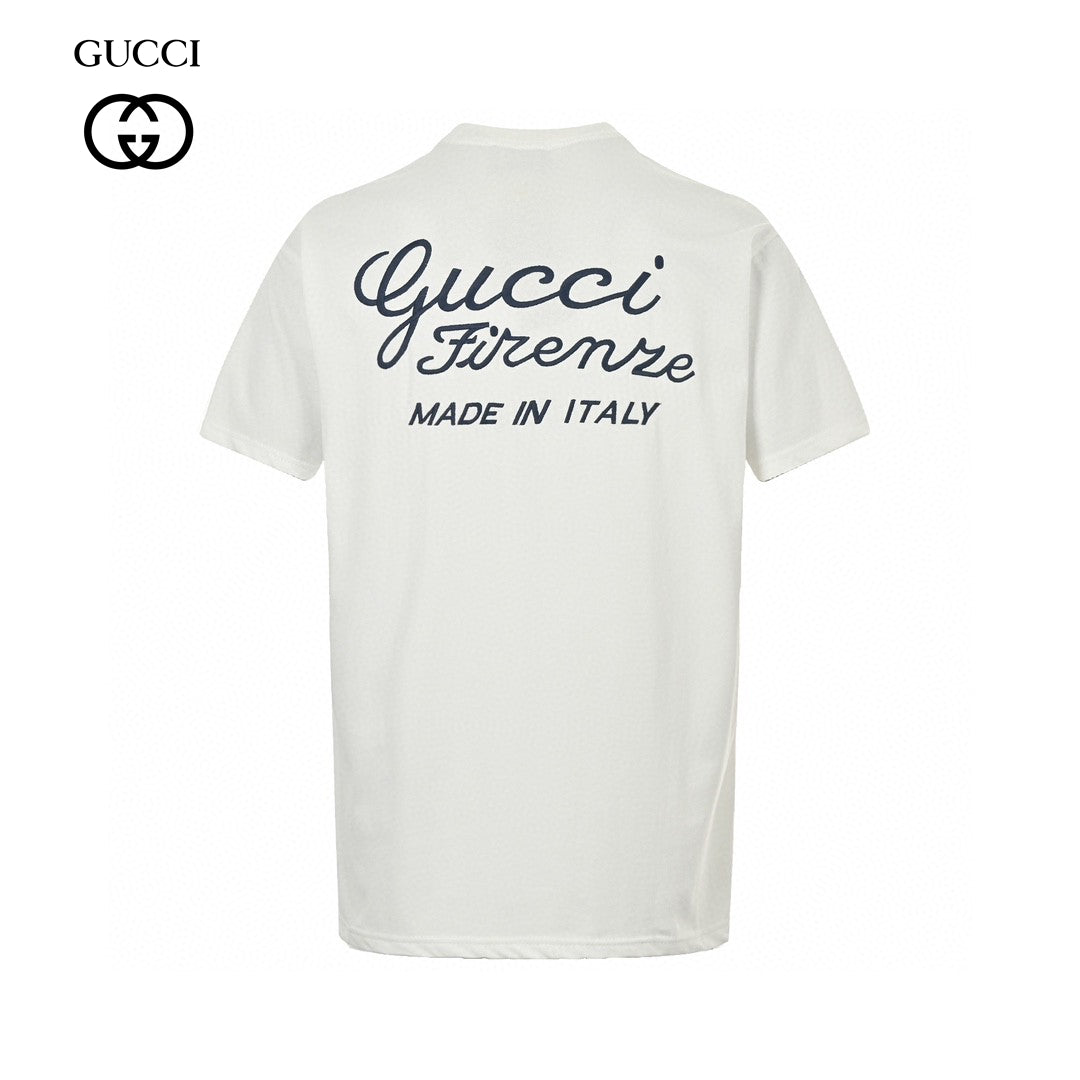 Gucci T-shirt With Script Logo - White Unisex Streetwear Limited Edition - <span>Elegant and timeless. Features 'Gucci Firenze' script and 'Made in Italy' text on the back.