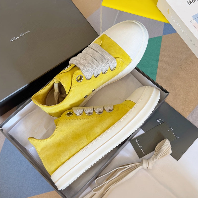 Rick Owens Suede Low-top Sneakers - Yellow Unisex Streetwear Limited Edition - **Rick Owens Yellow Suede Low-Top Sneakers: Bright Style and Superior Craftsmanship** Introducing the Rick Owens
