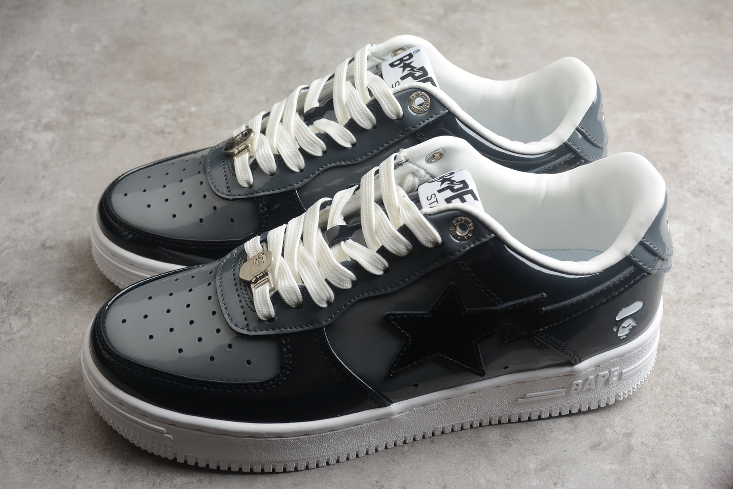 BAPE Sta Patent Leather Low-top Sneakers - Black Unisex Streetwear Limited Edition - **BAPE STA Black Patent Leather Low-Top Sneakers** Step into the world of streetwear with the