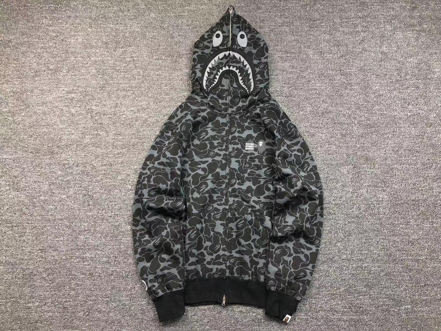 BAPE - Dover Street Market Special Camo Shark Full Zip Hoodie - Black Unisex Streetwear Limited Edition
