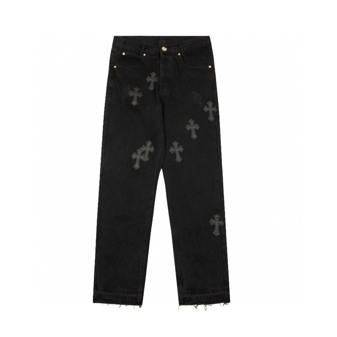 CHROME Hearts Cross Patch Jeans - Black Unisex Streetwear Limited Edition