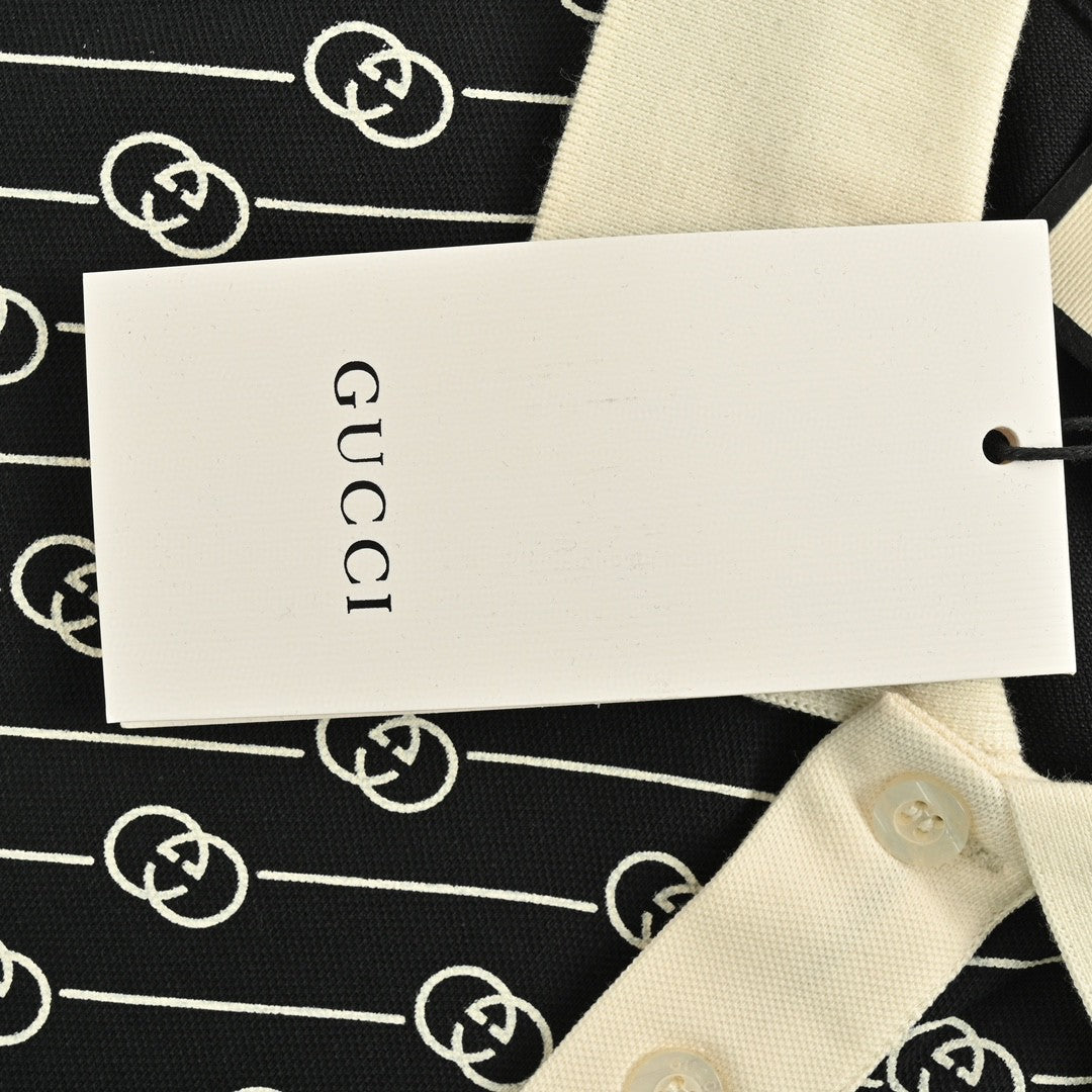 Gucci And Beige Patterned Polo Shirt - Black Unisex Streetwear Limited Edition - This Gucci Black and Beige Patterned Polo Shirt is a luxurious addition to any wardrobe.