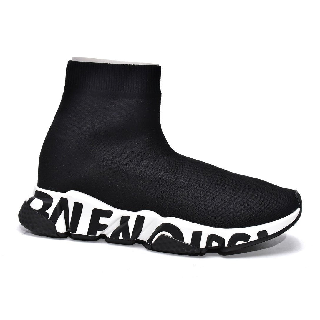 BALENCIAGA Speed Graffiti Trainer - White - Black Unisex Streetwear Limited Edition - The Balenciaga Speed Graffiti Trainers x Black White edition infuses the brand's futuristic silhouette with