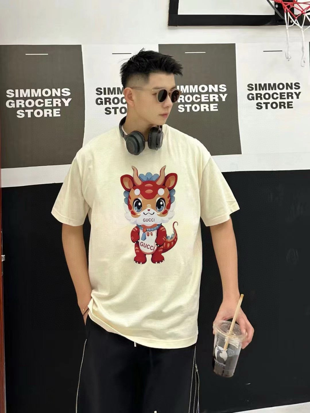 Gucci T-shirt With Dragon Cartoon - Cream Unisex Streetwear Limited Edition - <span>Playful and vibrant. Features a colorful dragon cartoon. Gucci logo on the character. Made from
