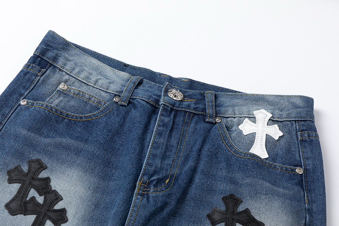 CHROME Hearts White Cross Patch Jeans Denim - Black Unisex Streetwear Limited Edition