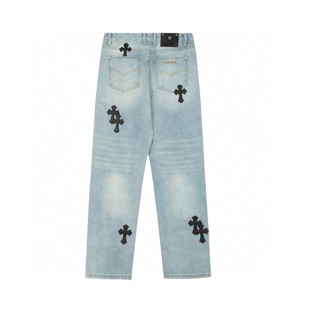 CHROME Hearts Se - Embroidered Jeans Blue Unisex Streetwear Limited Edition
