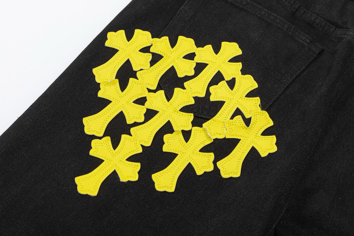 CHROME Hearts Yellow Cross Patch Jeans - Black Unisex Streetwear Limited Edition