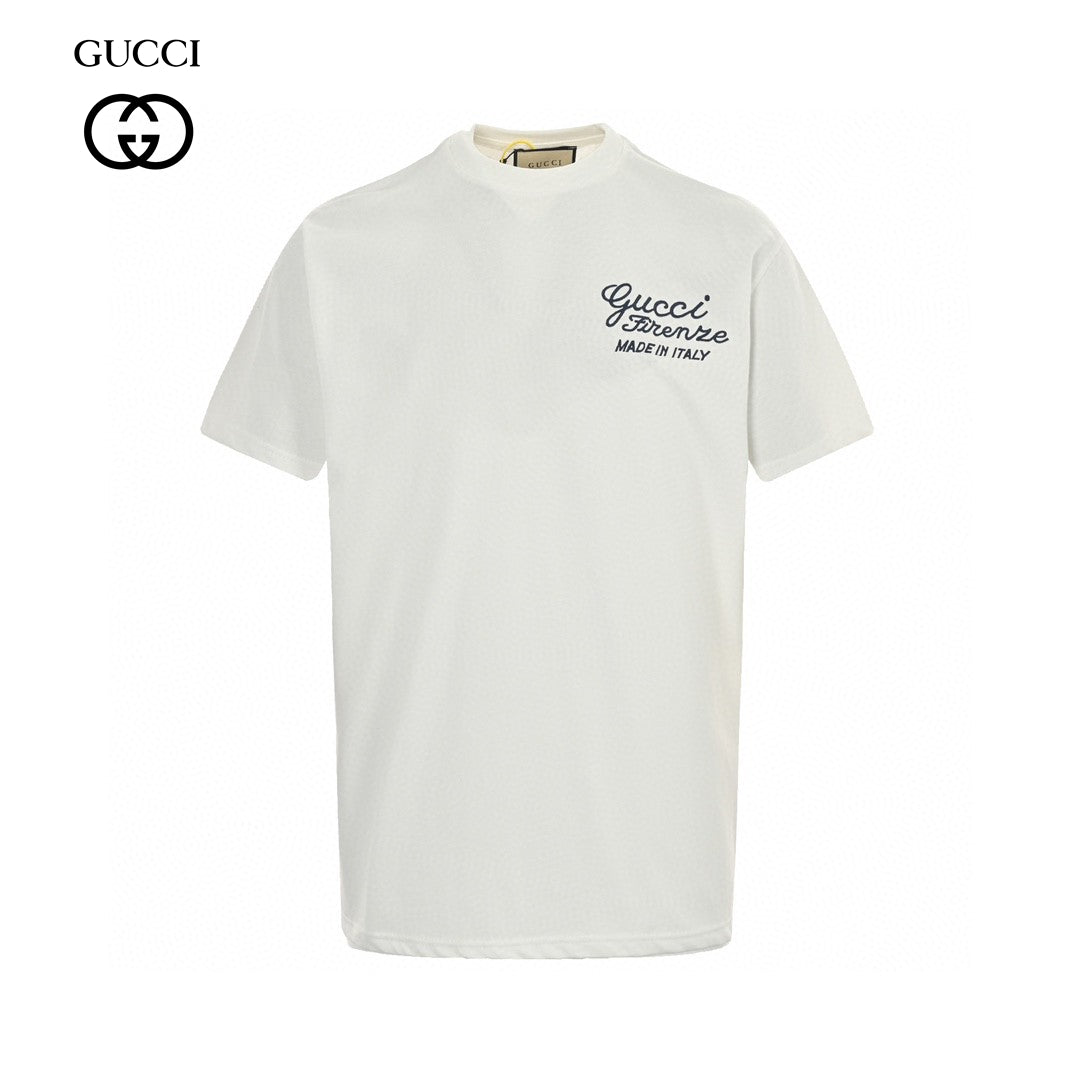 Gucci T-shirt With Script Logo - White Unisex Streetwear Limited Edition - <span>Elegant and timeless. Features 'Gucci Firenze' script and 'Made in Italy' text on the back.