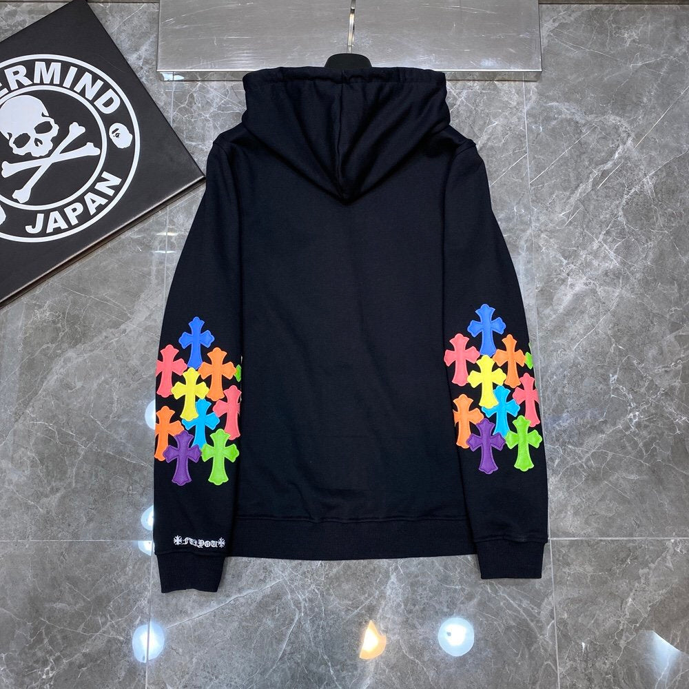 CHROME Hearts Multicolor Cross Patch Zipper Hoodie - Black Unisex Streetwear Limited Edition