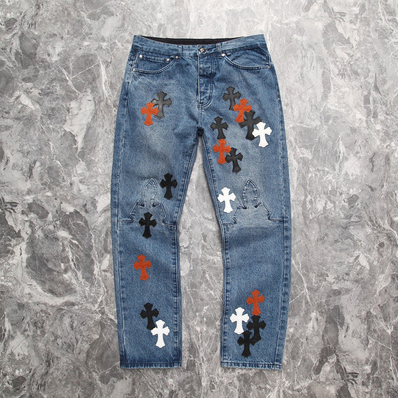 CHROME Hearts 3 Color Cross Jeans - Blue Unisex Streetwear Limited Edition - The CHROME HEARTS 3 COLOR CROSS BLUE JEANS - REPLICA are a bold expression of