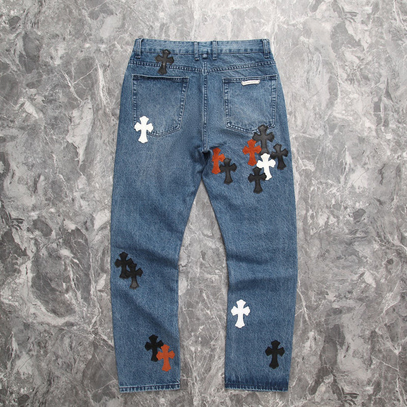 CHROME Hearts 3 Color Cross Jeans - Blue Unisex Streetwear Limited Edition - The CHROME HEARTS 3 COLOR CROSS BLUE JEANS - REPLICA are a bold expression of