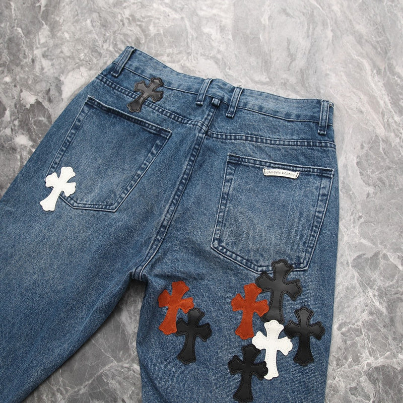CHROME Hearts 3 Color Cross Jeans - Blue Unisex Streetwear Limited Edition - The CHROME HEARTS 3 COLOR CROSS BLUE JEANS - REPLICA are a bold expression of