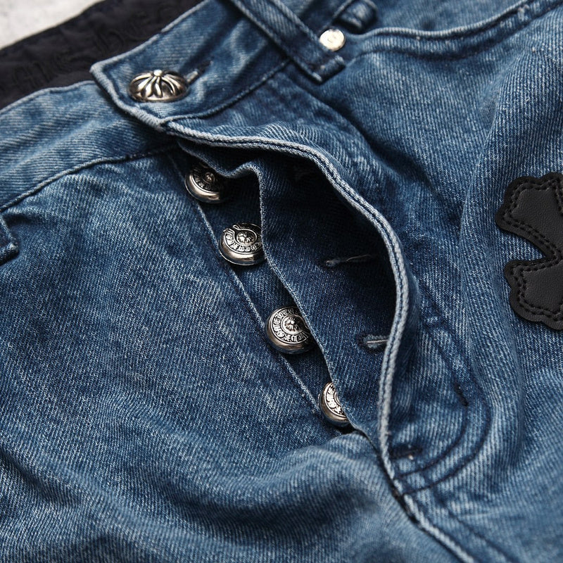 CHROME Hearts 3 Color Cross Jeans - Blue Unisex Streetwear Limited Edition - The CHROME HEARTS 3 COLOR CROSS BLUE JEANS - REPLICA are a bold expression of