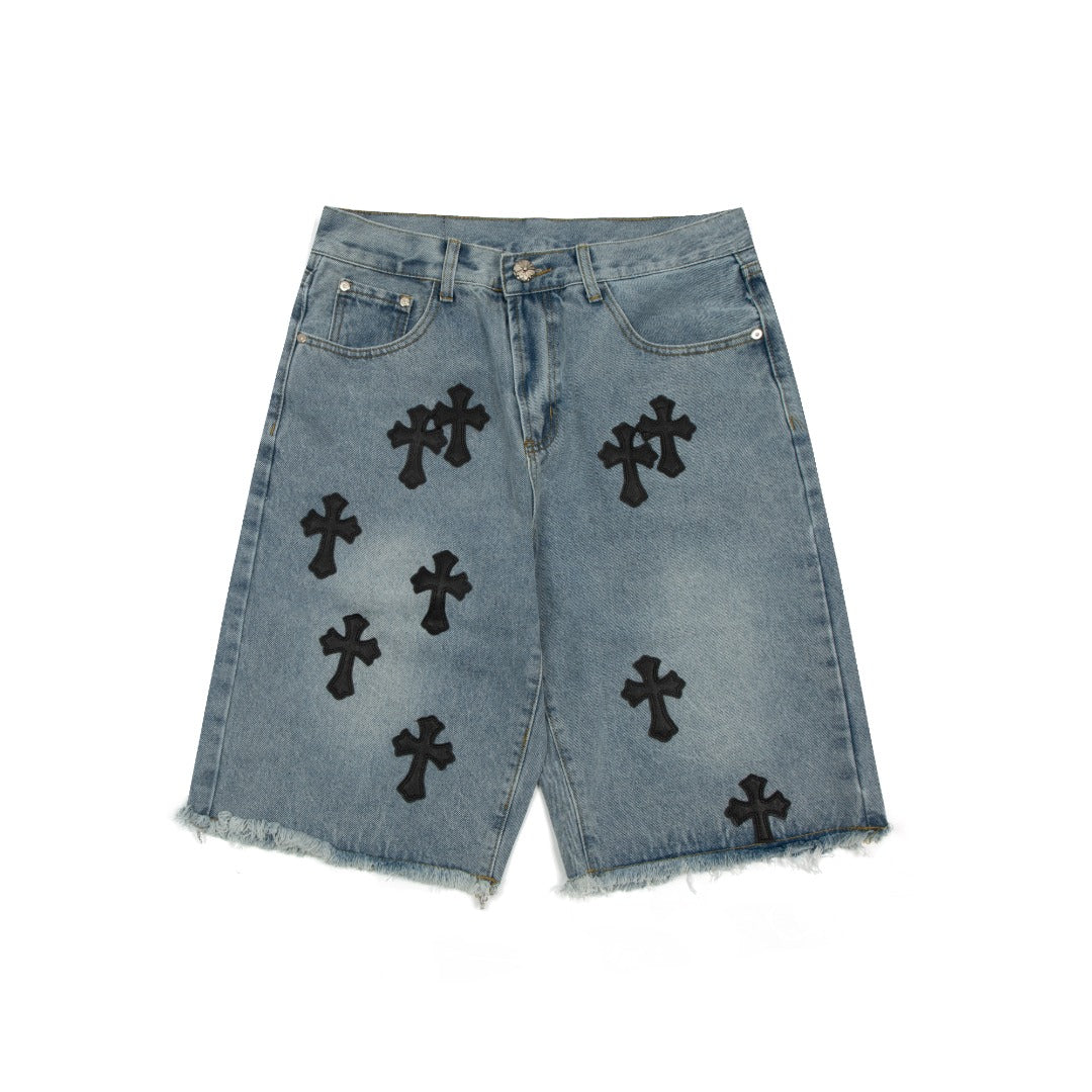 CHROME Hearts Cross Patch Jorts Washed Denim - Black Unisex Streetwear Limited Edition