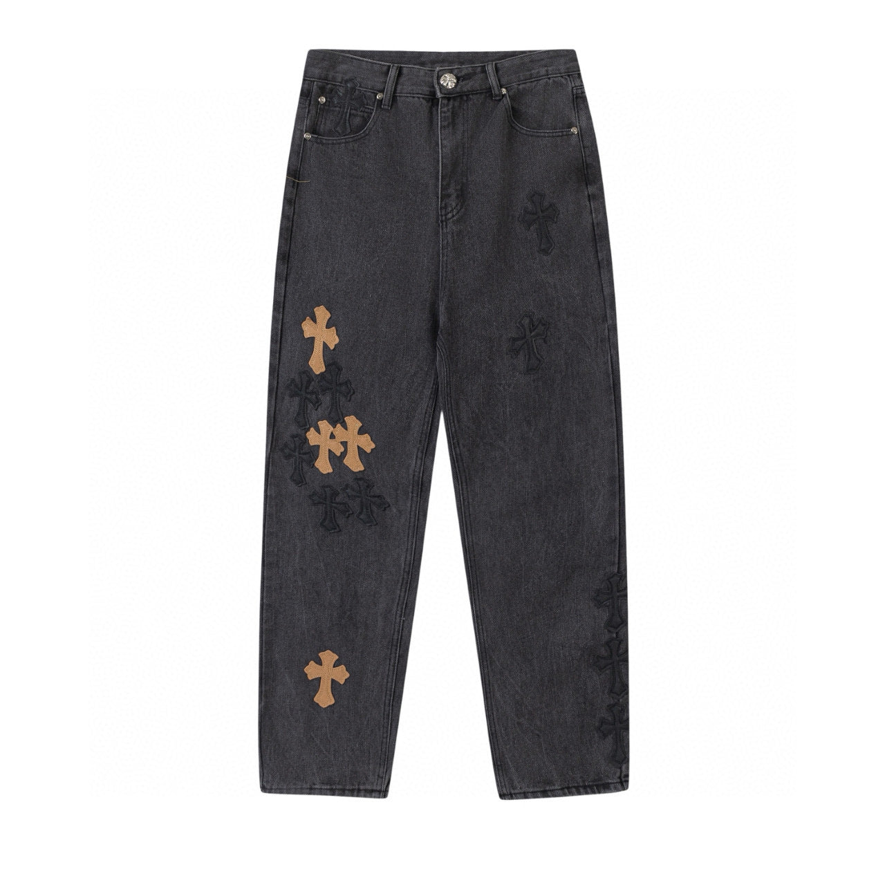 CHROME Hearts Brown Cross Patch Jeans - Black Unisex Streetwear Limited Edition
