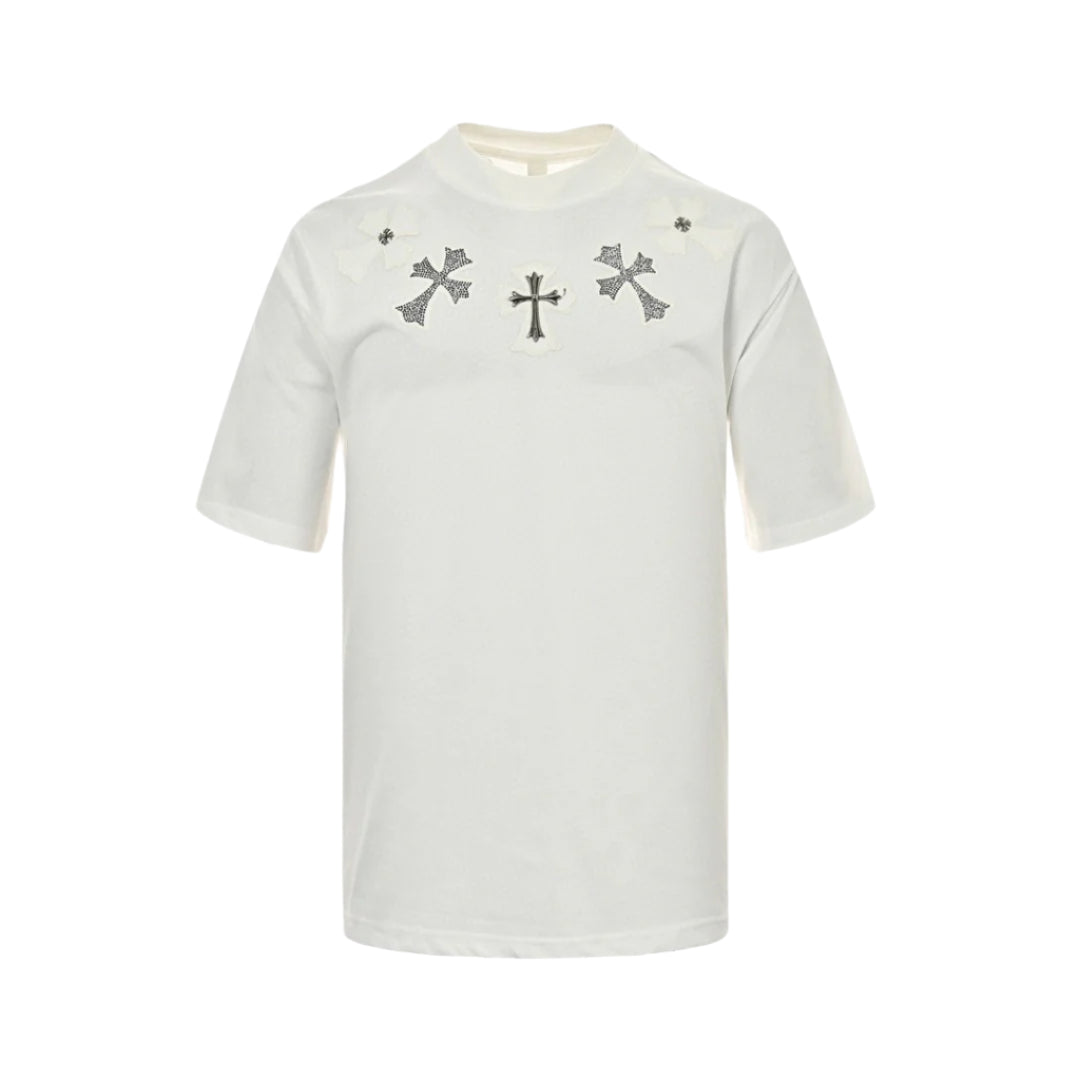 CHROME Hearts Cross Patch Collar T-shirt - White Unisex Streetwear Limited Edition - The CHROME HEARTS CROSS PATCH COLLAR T-SHIRT WHITE - REPLICA blends premium streetwear aesthetics with