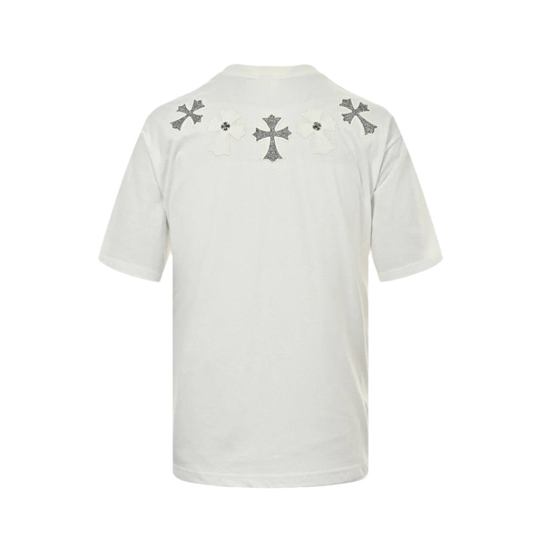 CHROME Hearts Cross Patch Collar T-shirt - White Unisex Streetwear Limited Edition - The CHROME HEARTS CROSS PATCH COLLAR T-SHIRT WHITE - REPLICA blends premium streetwear aesthetics with