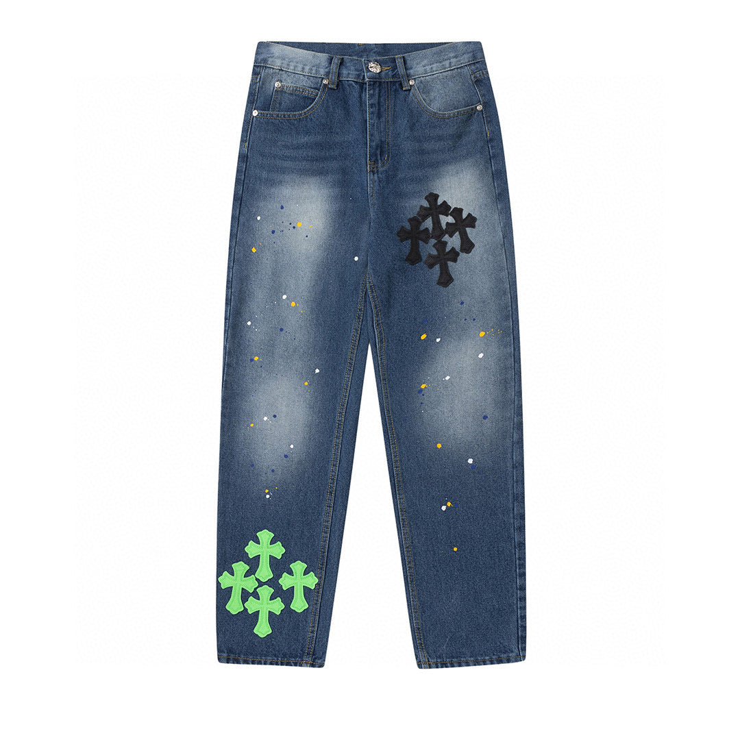 CHROME Hearts Cross Patch Jeans Denim - Green Unisex Streetwear Limited Edition