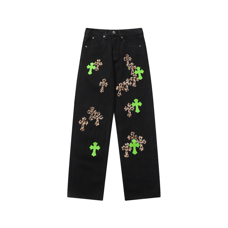 CHROME Hearts Jeans Green Leopard - Black Unisex Streetwear Limited Edition - The CHROME HEARTS JEANS BLACK GREEN LEOPARD - REPLICA take bold streetwear to the next