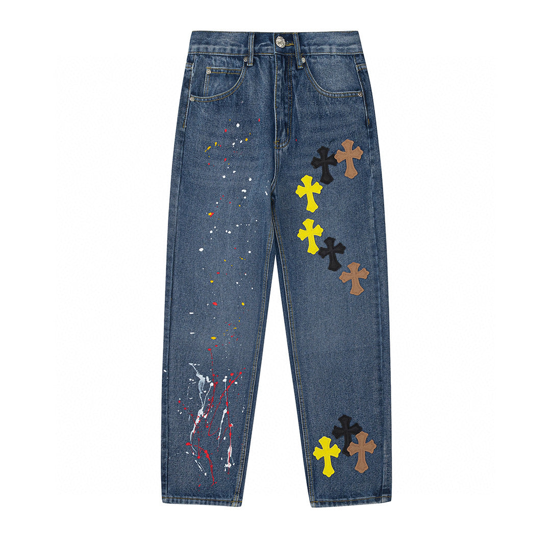 CHROME Hearts Paint Drip Cross Patch Jeans Denim - Red Unisex Streetwear Limited Edition