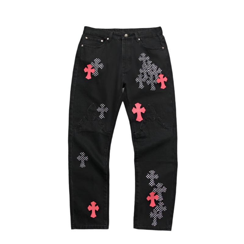 CHROME Hearts Pink & Checkered Cross Patch Fleurknee Jeans - Black Unisex Streetwear Limited Edition - Make a bold statement with the Chrome Hearts Pink & Checkered Cross Patch Fleurknee Jeans
