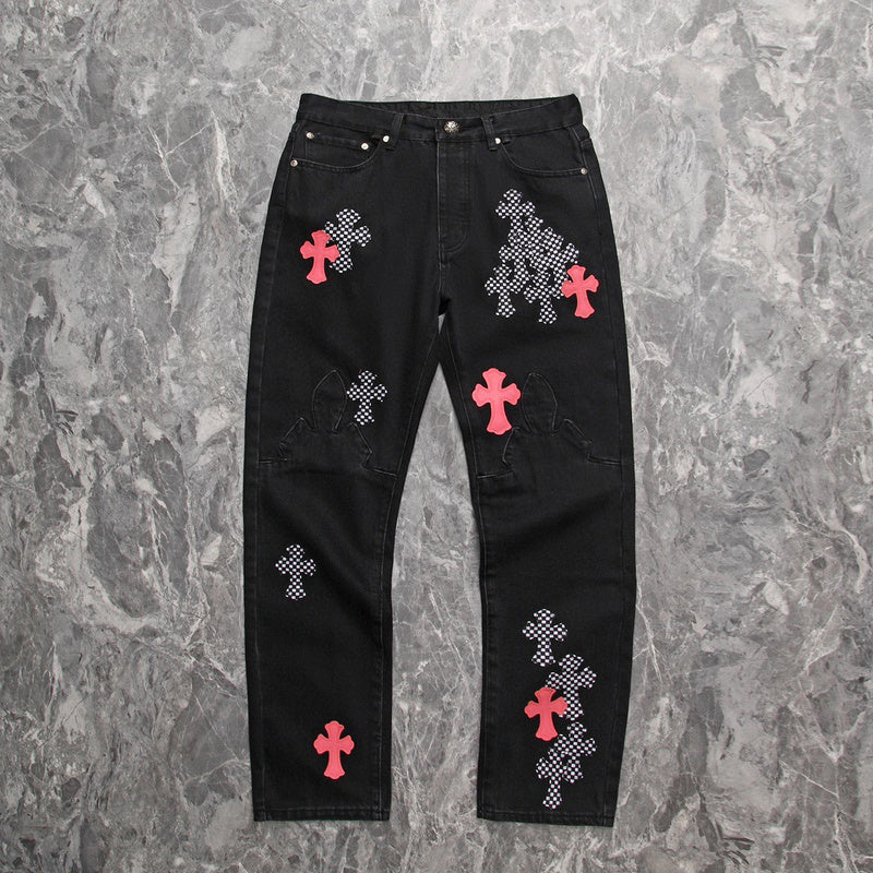 CHROME Hearts Pink & Checkered Cross Patch Fleurknee Jeans - Black Unisex Streetwear Limited Edition - Make a bold statement with the Chrome Hearts Pink & Checkered Cross Patch Fleurknee Jeans
