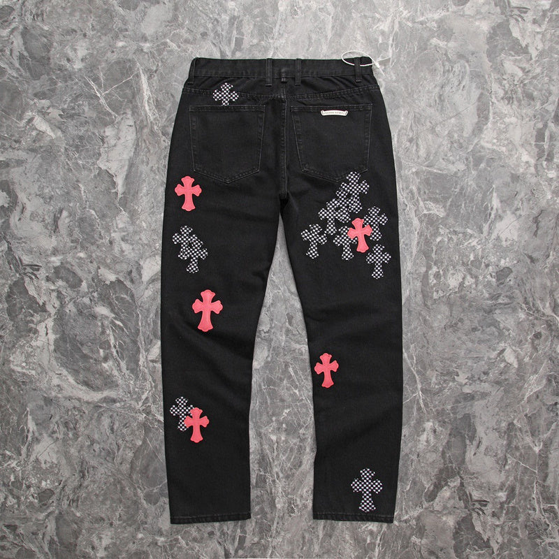 CHROME Hearts Pink & Checkered Cross Patch Fleurknee Jeans - Black Unisex Streetwear Limited Edition - Make a bold statement with the Chrome Hearts Pink & Checkered Cross Patch Fleurknee Jeans