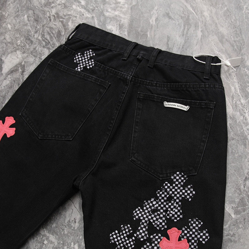 CHROME Hearts Pink & Checkered Cross Patch Fleurknee Jeans - Black Unisex Streetwear Limited Edition - Make a bold statement with the Chrome Hearts Pink & Checkered Cross Patch Fleurknee Jeans