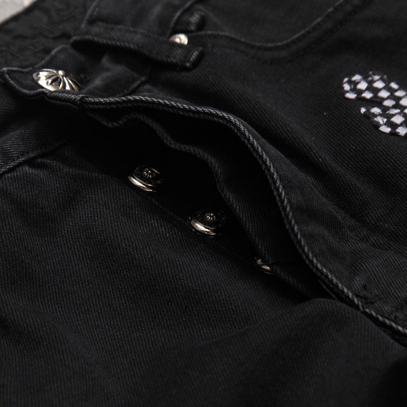 CHROME Hearts Pink & Checkered Cross Patch Fleurknee Jeans - Black Unisex Streetwear Limited Edition - Make a bold statement with the Chrome Hearts Pink & Checkered Cross Patch Fleurknee Jeans