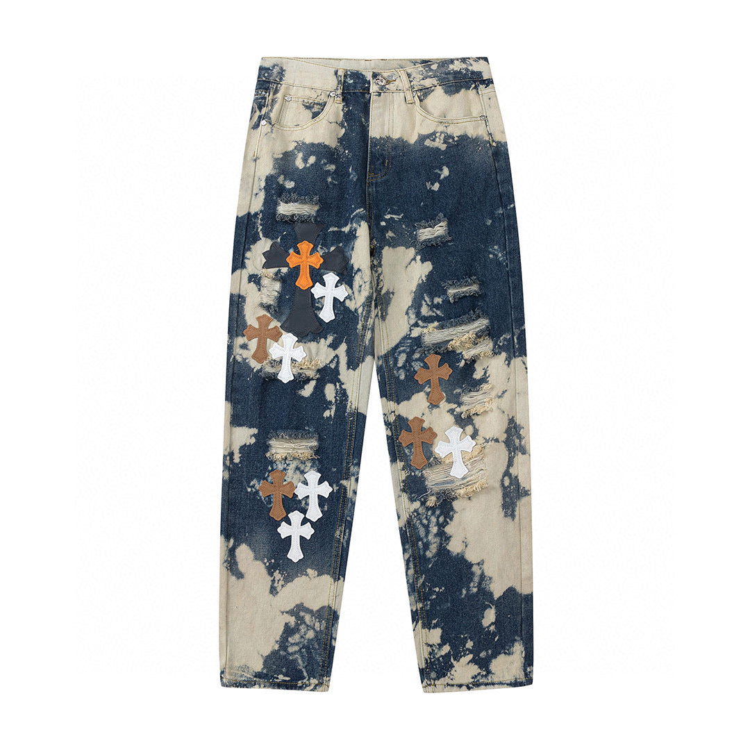 CHROME Hearts Tie Dye Orange Cross Patch Jeans - White Unisex Streetwear Limited Edition