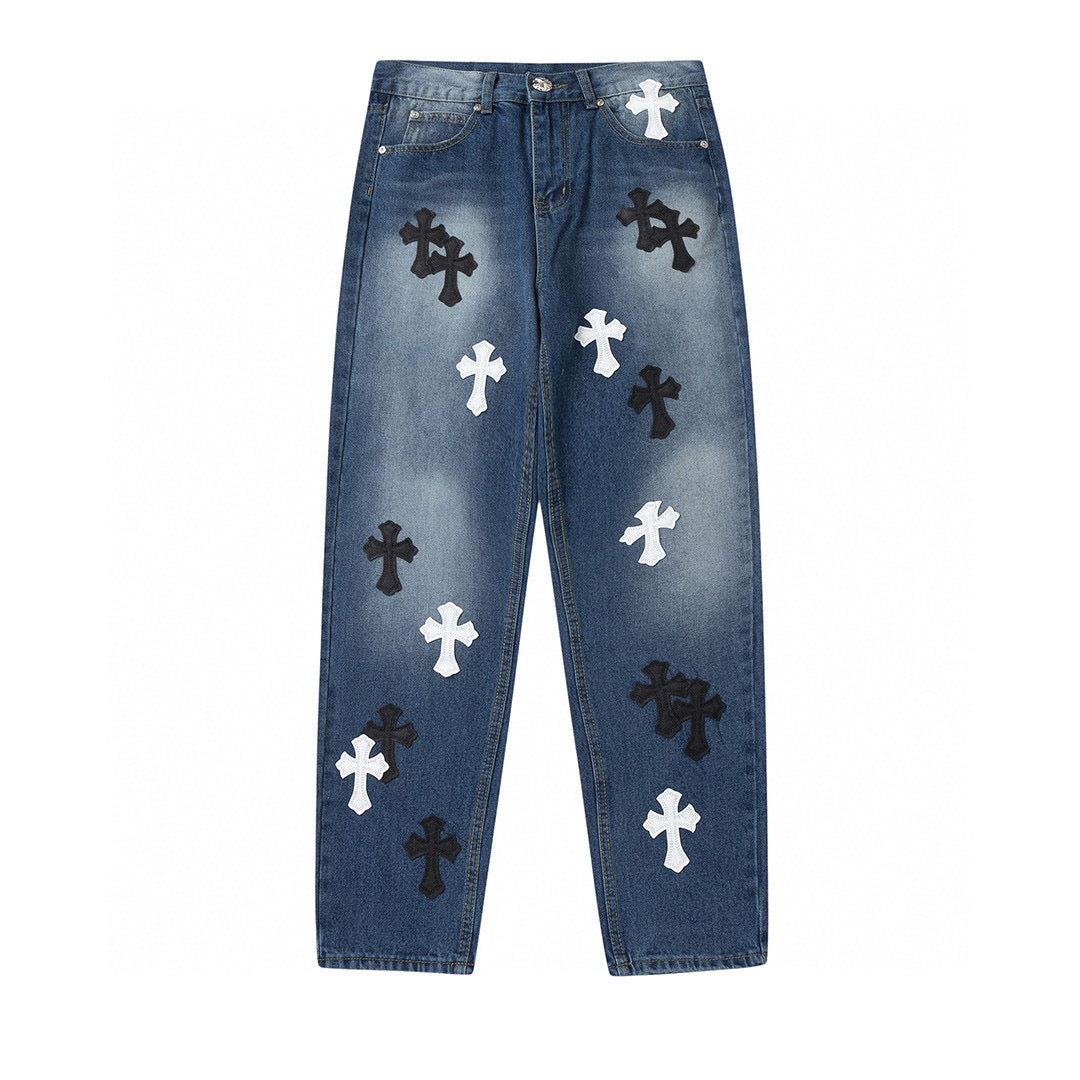 CHROME Hearts White Cross Patch Jeans Denim - Black Unisex Streetwear Limited Edition