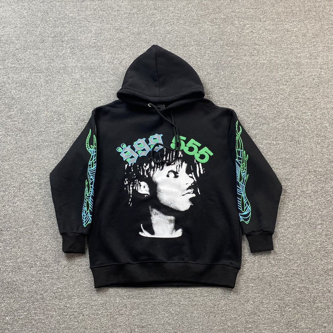 JUICE Wrld - Sp5der Hoodie - Black Unisex Streetwear Limited Edition - The JUICE WRLD x SP5DER HOODIE BLACK - REPLICA is a bold tribute to Juice