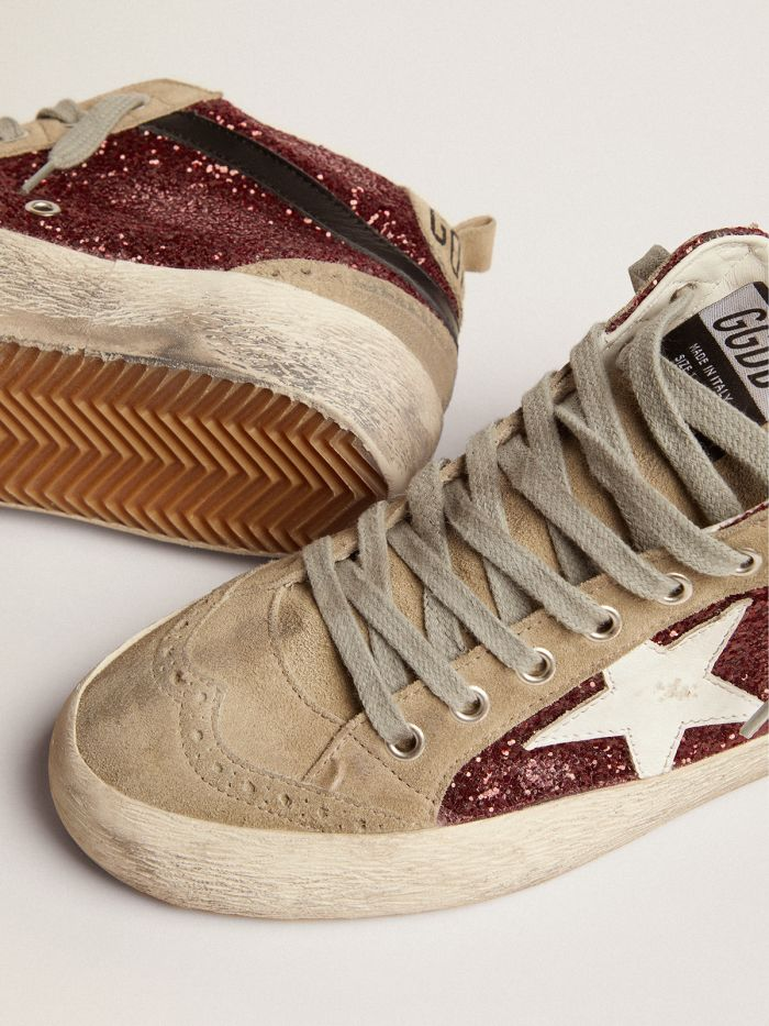 Mid Star Sneakers In Burgundy Glitter With Dove-gray Suede Inserts And Leather Star - White Unisex Streetwear Limited Edition