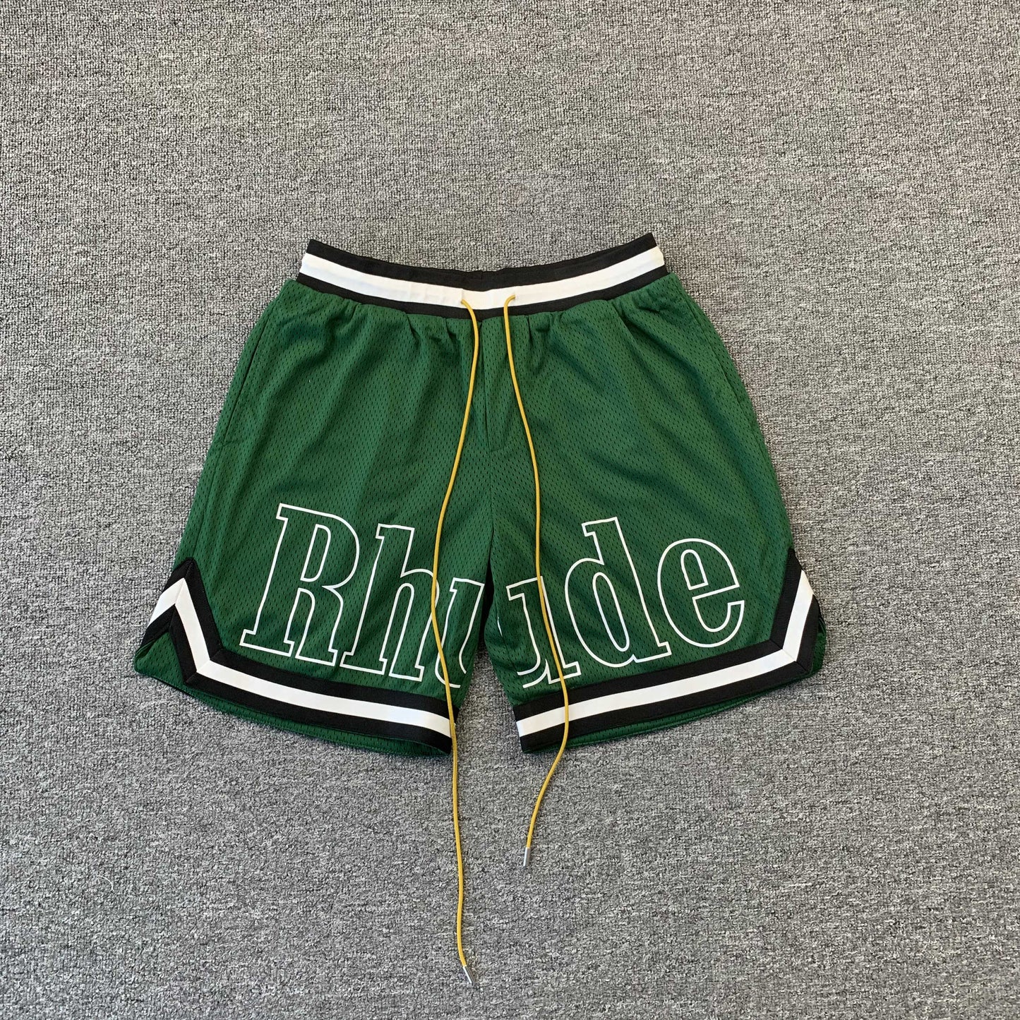 RHUDE Court Logo Shorts - Green Unisex Streetwear Limited Edition - The RHUDE COURT LOGO SHORTS GREEN - REPLICA bring together vintage basketball inspiration and high-end