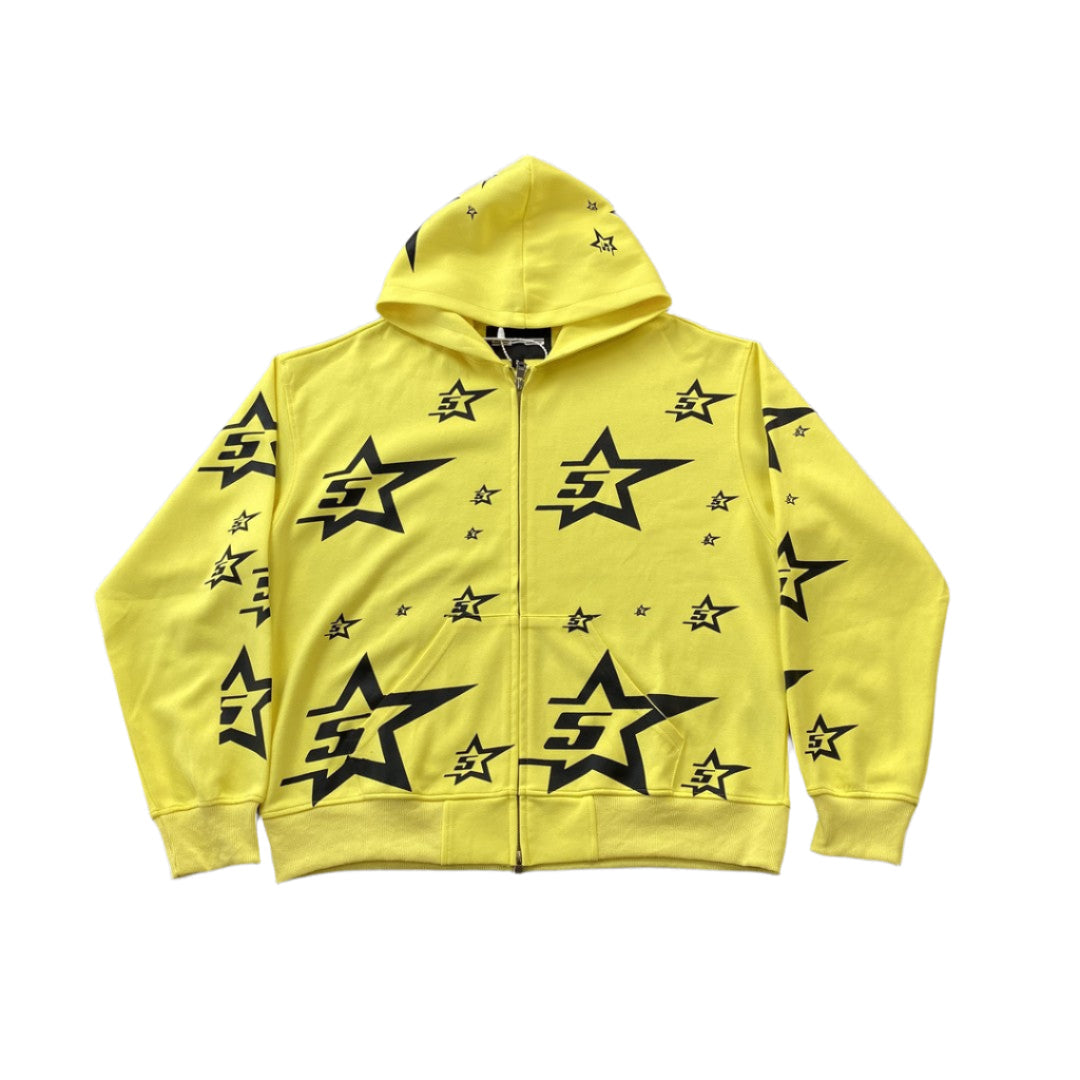 SP5DER Double Layer 5 Star Zip Hoodie - Yellow Unisex Streetwear Limited Edition - The SP5DER DOUBLE LAYER 5 STAR ZIP HOODIE YELLOW - REPLICA brings a bold mix