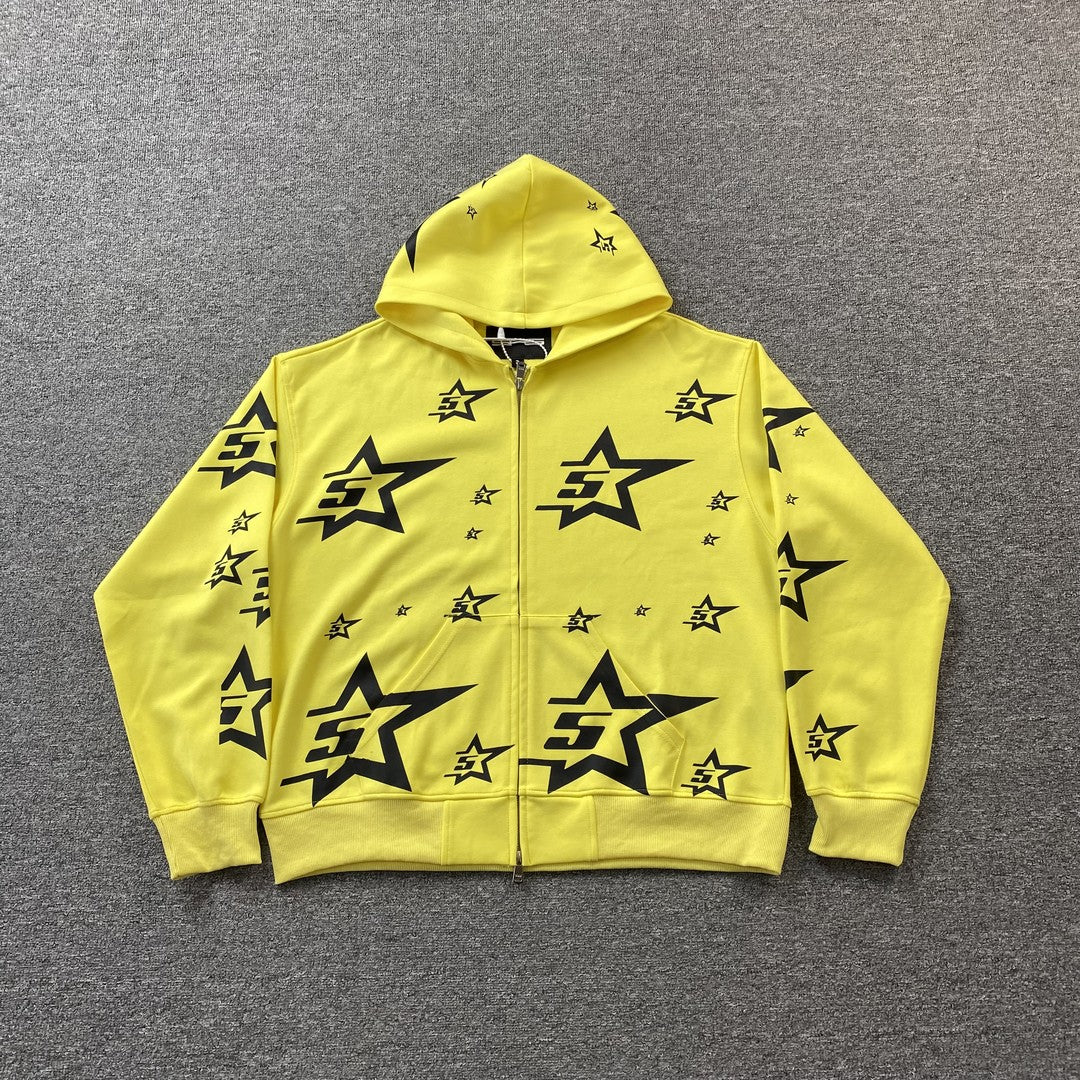 SP5DER Double Layer 5 Star Zip Hoodie - Yellow Unisex Streetwear Limited Edition - The SP5DER DOUBLE LAYER 5 STAR ZIP HOODIE YELLOW - REPLICA brings a bold mix
