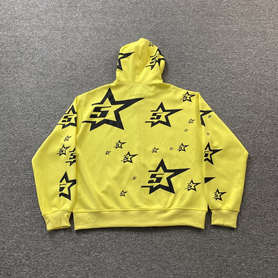 SP5DER Double Layer 5 Star Zip Hoodie - Yellow Unisex Streetwear Limited Edition - The SP5DER DOUBLE LAYER 5 STAR ZIP HOODIE YELLOW - REPLICA brings a bold mix