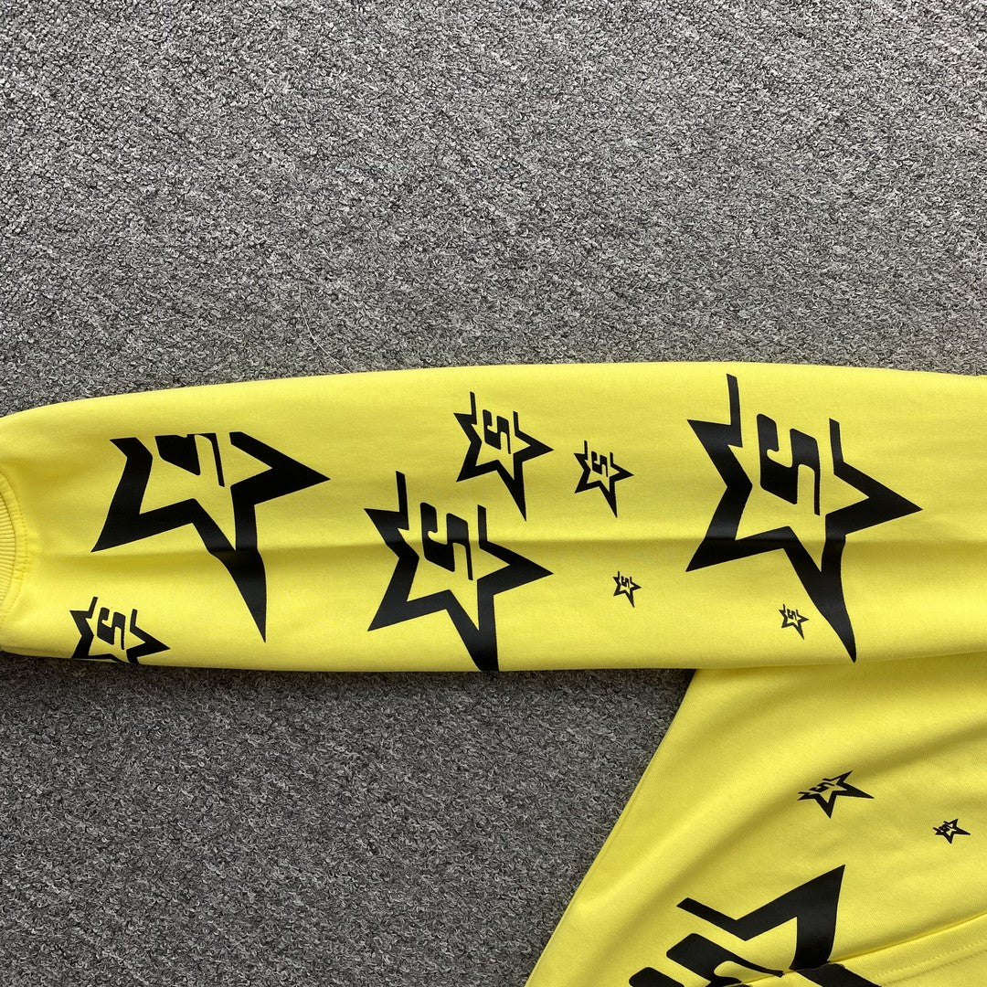SP5DER Double Layer 5 Star Zip Hoodie - Yellow Unisex Streetwear Limited Edition - The SP5DER DOUBLE LAYER 5 STAR ZIP HOODIE YELLOW - REPLICA brings a bold mix