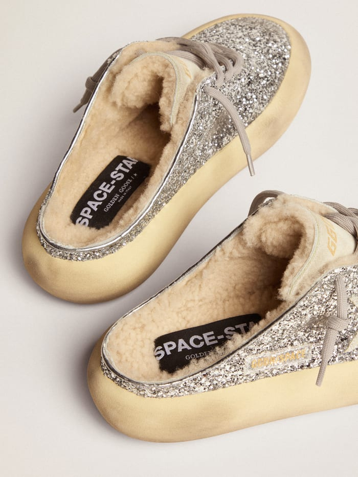 Space-star Sabot Shoes In Silver Glitter With Shearling Lining - Red Unisex Streetwear Limited Edition