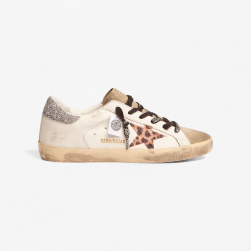 Super-star Ltd Sneakers With Leopard-print Crystal Star And Silver-colored Crystal Heel Tab Unisex Streetwear Limited Edition