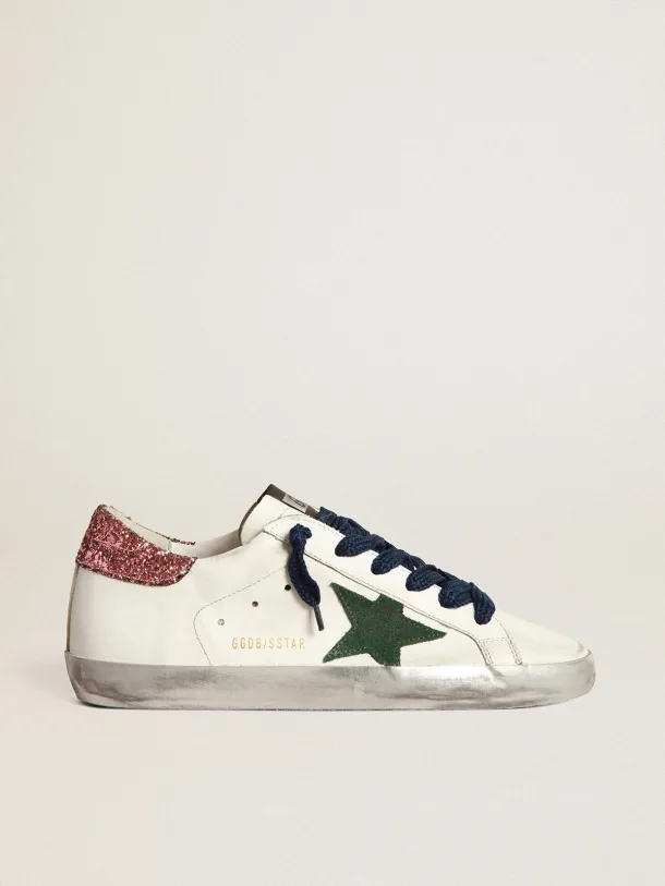 Super-star Sneakers With Suede Star And Pink Glitter Heel Tab - Green Unisex Streetwear Limited Edition