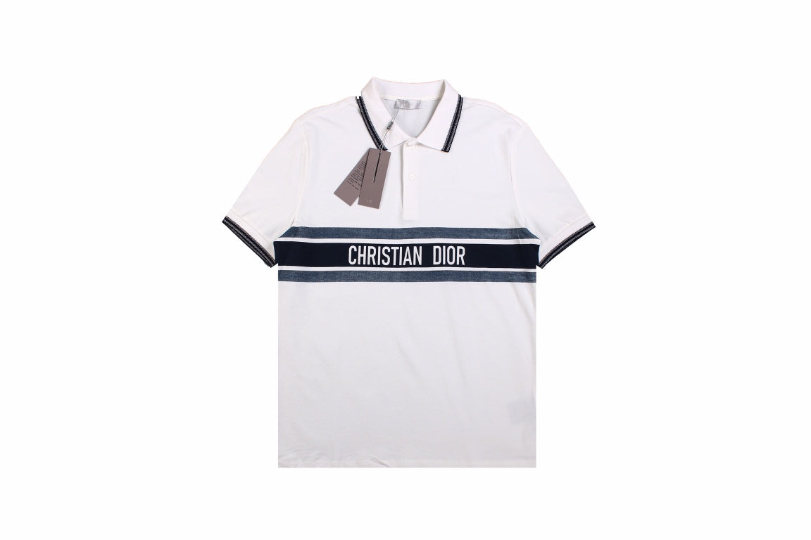 Christian Dior 'striped Logo' Polo Shirt - White Unisex Streetwear Limited Edition - <p dir='ltr'><span>White polo shirt featuring a classic collar and button placket. Accentuated with a