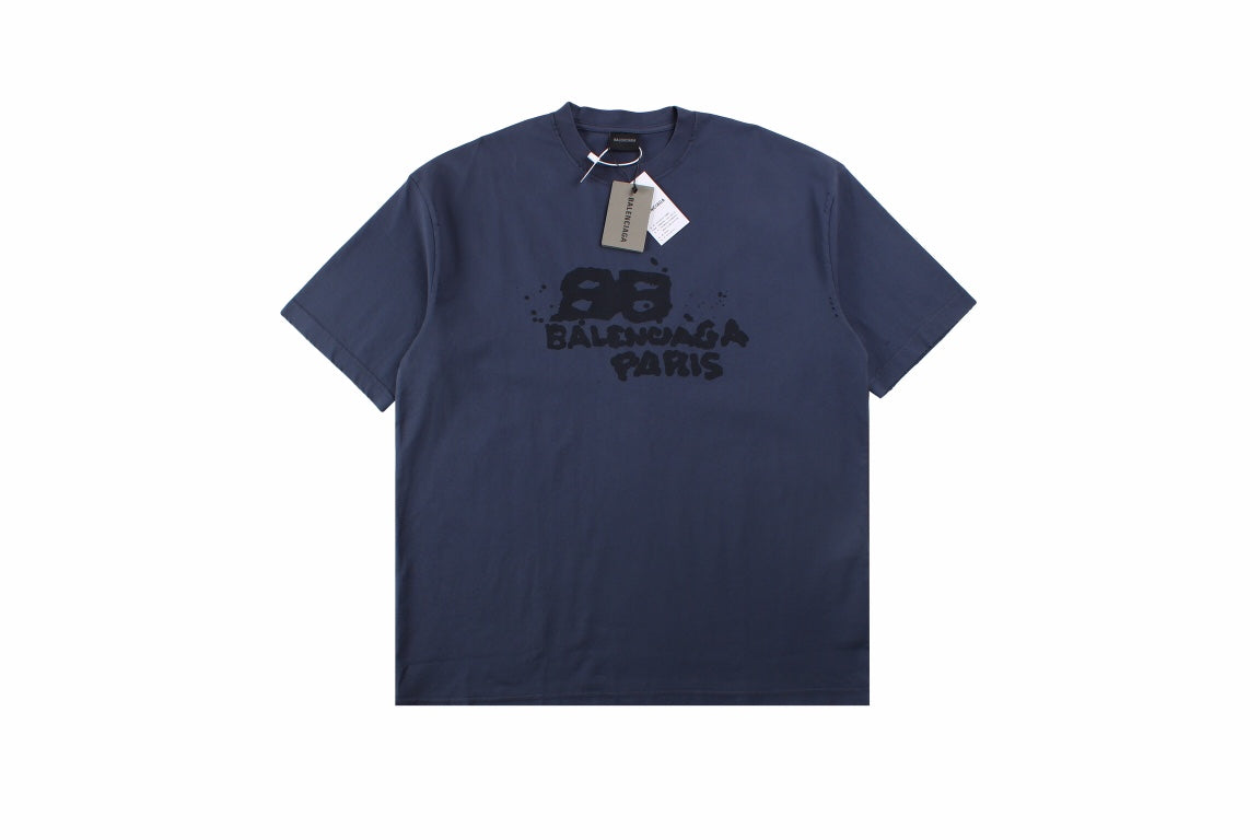 Balenciaga T-shirt With Paris Print - Blue Unisex Streetwear Limited Edition - <span>Navy blue t-shirt featuring a graphic print with 'Balenciaga Paris' text and artistic elements. Unique